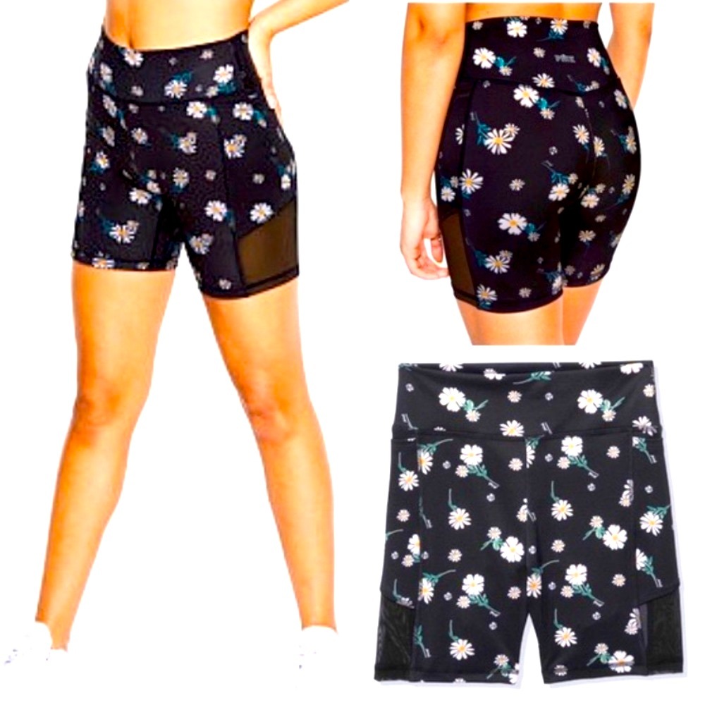 NWOT PINK VS Ultimate Bike shorts Black Daisy Floral medium pockets